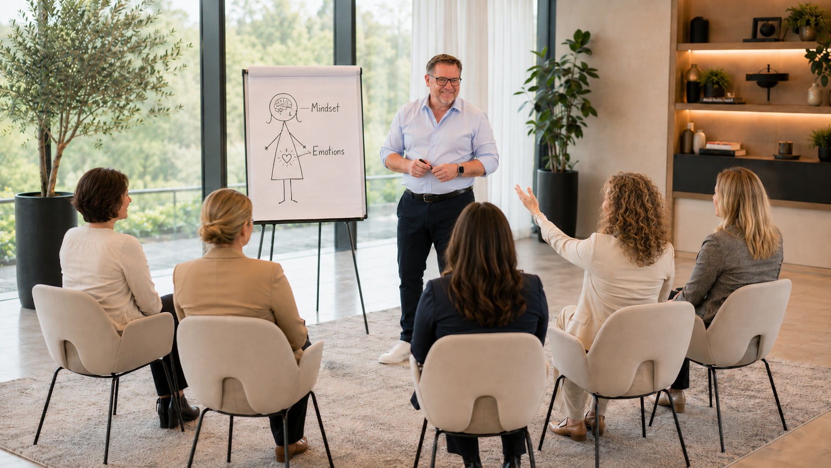 Michael Andresen leading a small group coaching session, women seated in a circle around a flip chart