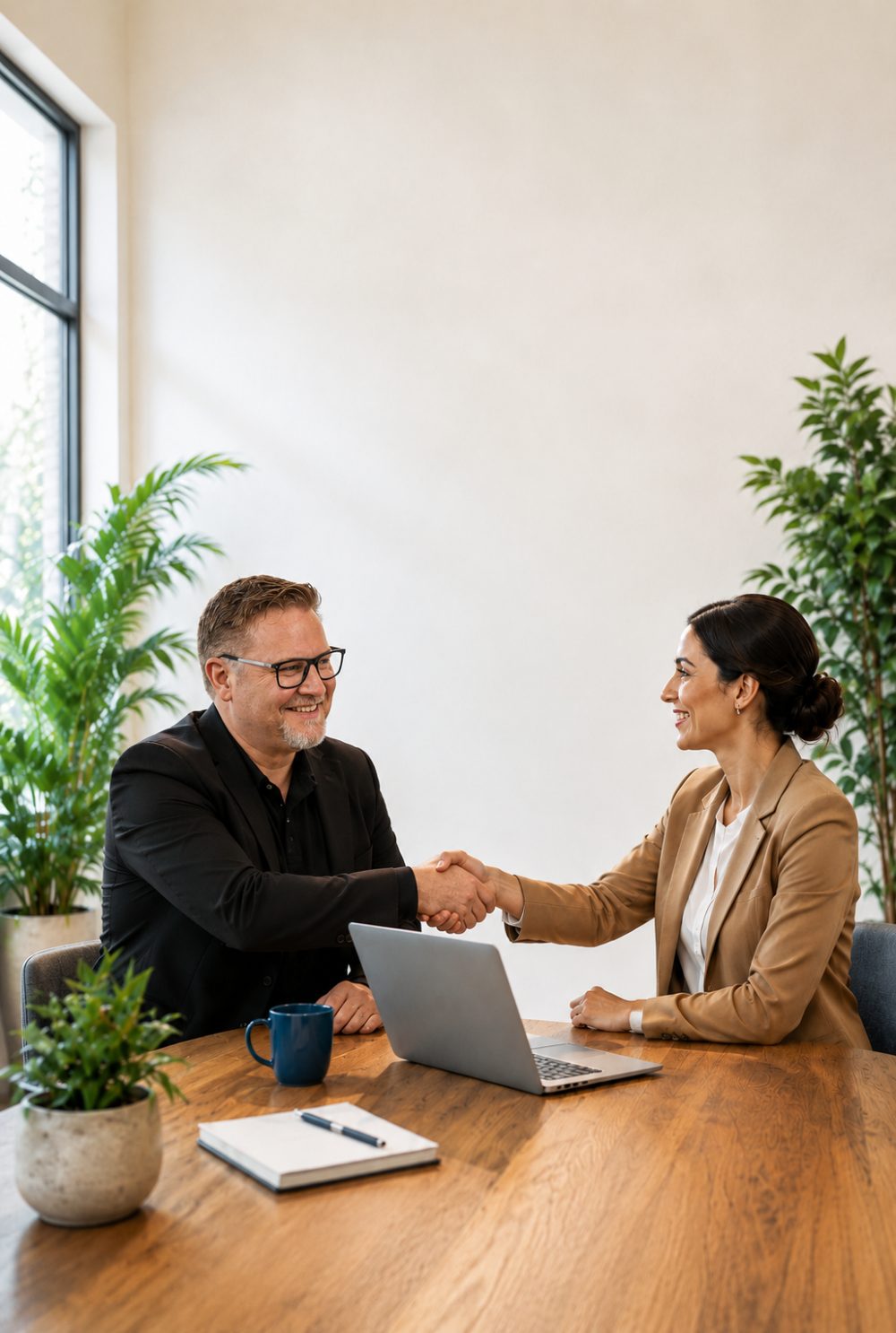 Michael Andresen shaking hands with a client across a table, duotoned in the steel accent inside a registration-marked frame
